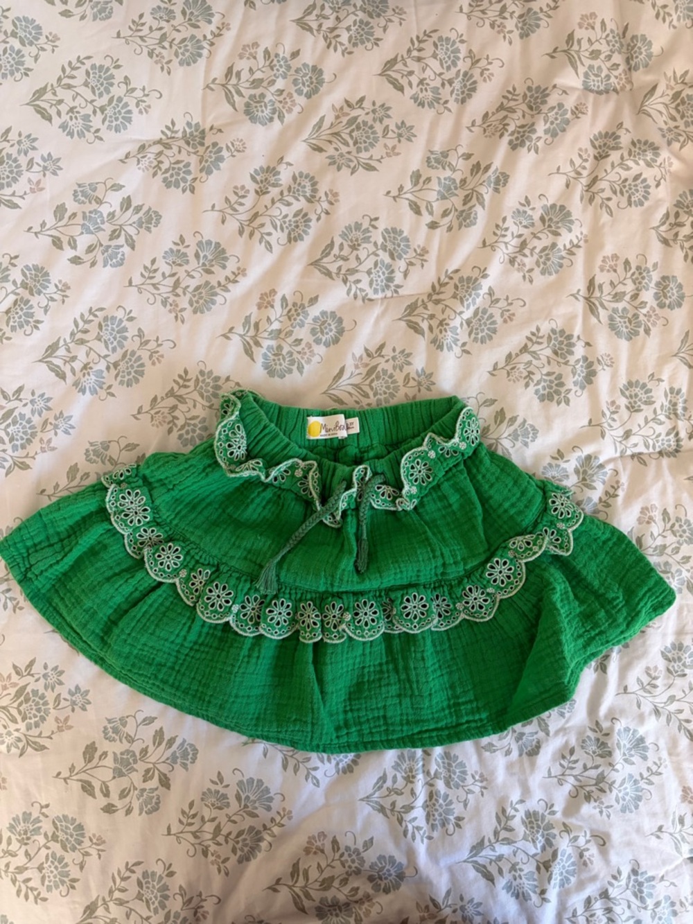 Mini Boden Bright Green Tiered Skirt with Eyelet Trim